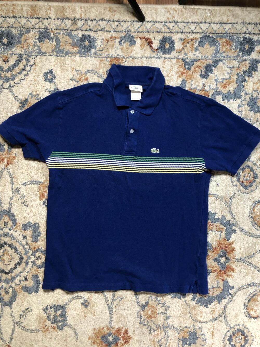 Lacoste Polo Shirt Mens XL Blue Chest Stripe Croc Logo Short Sleeve Casual Knit